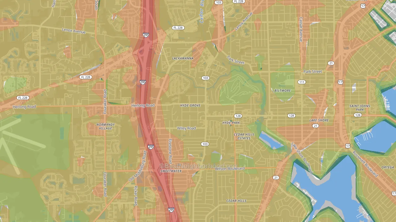 Hyde Park, Jacksonville, FL Map of Noise Levels in Hyde Park