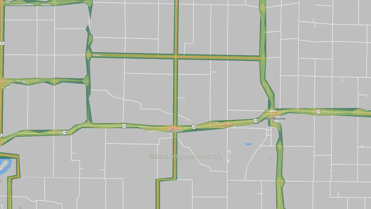 Idaville, IN Map of Noise Levels in Idaville