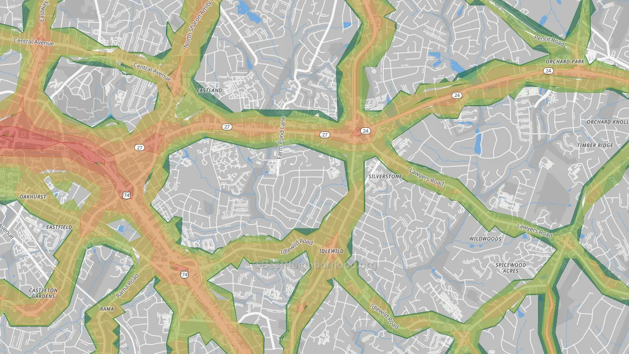 Idlewild Farms, Charlotte, NC Map of Noise Levels in Idlewild Farms