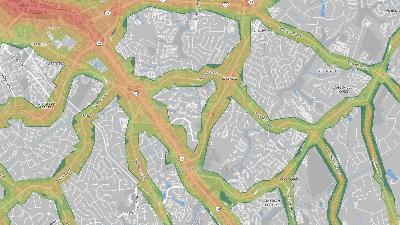 Idlewild South, Charlotte, NC Map of Noise Levels in Idlewild South