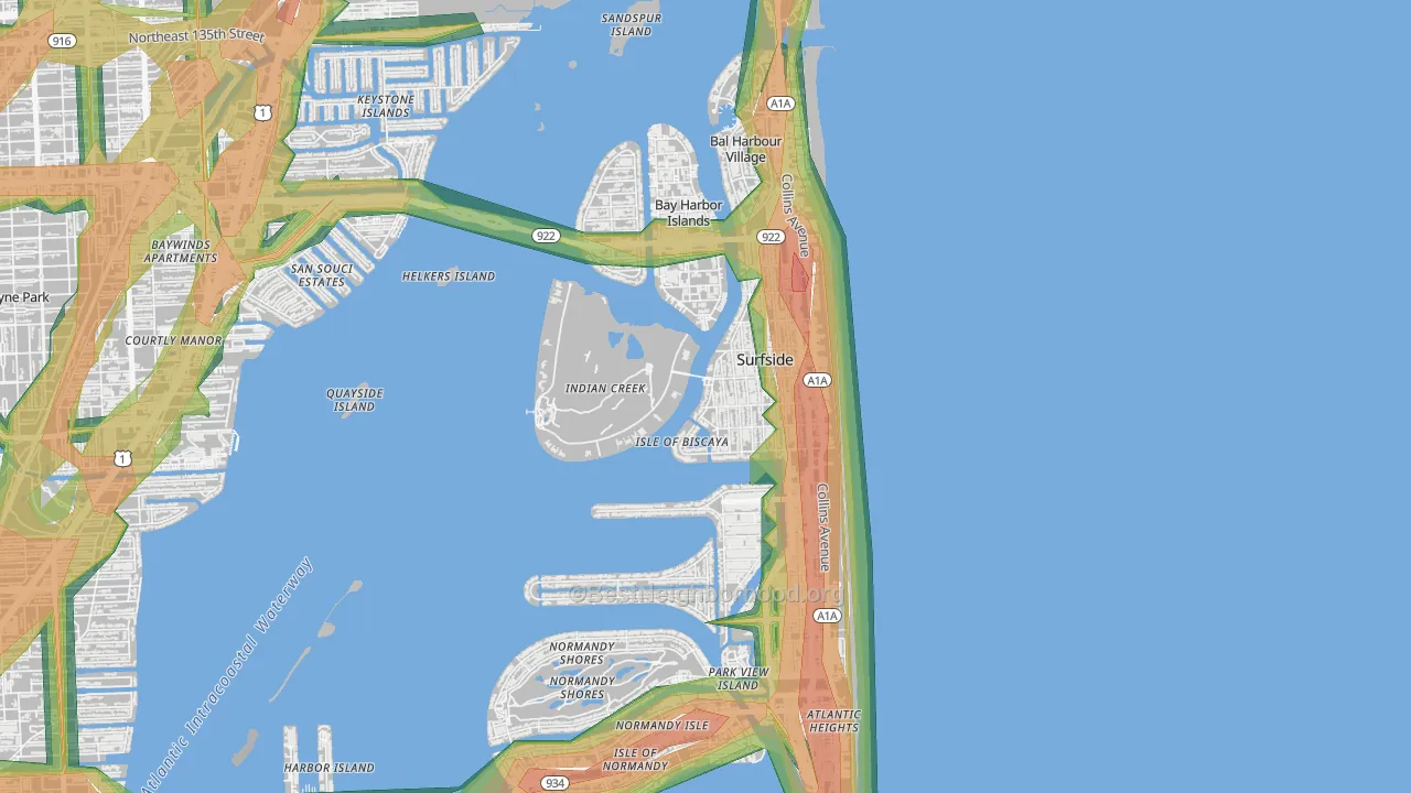 Indian Creek, FL Map of Noise Levels in Indian Creek