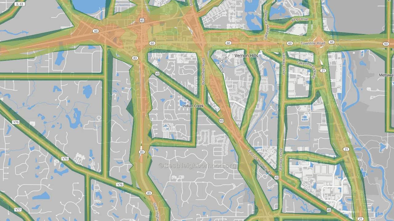 Indian Creek, IL Map of Noise Levels in Indian Creek