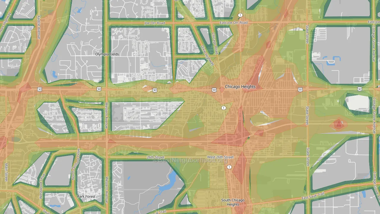 Indian Hill, Chicago Heights, IL Map of Noise Levels in Indian Hill