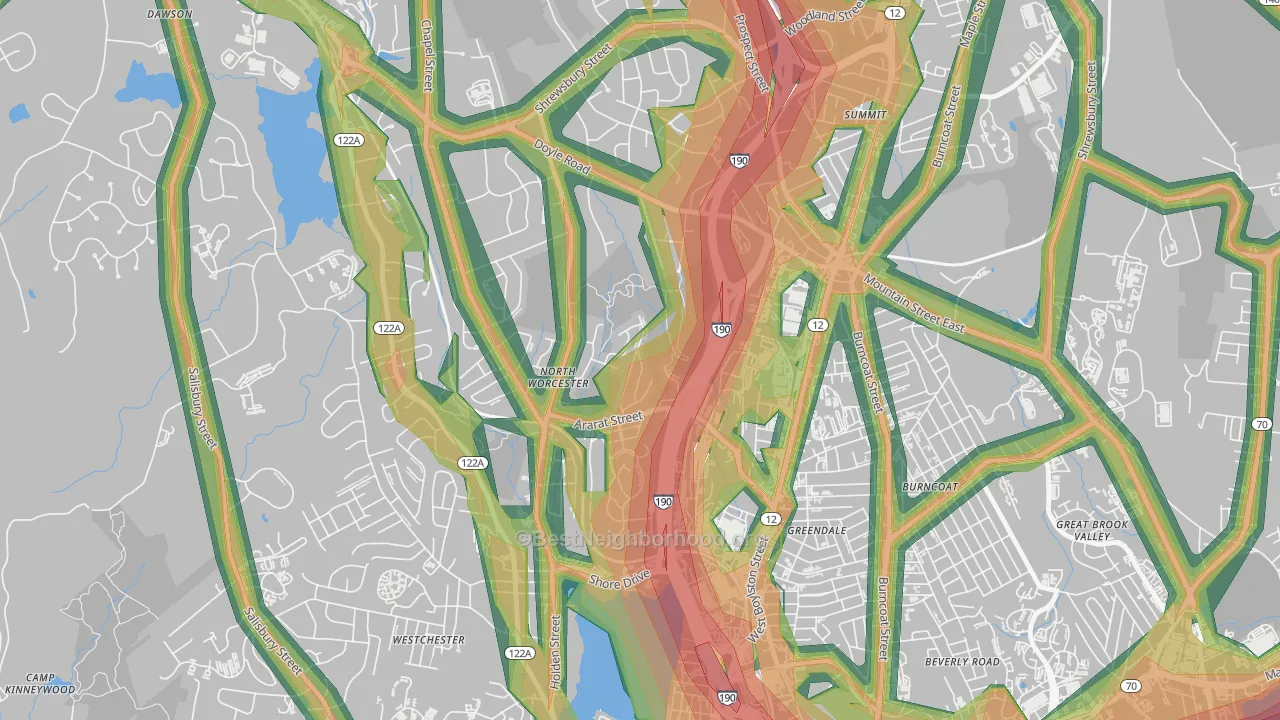 Indian Hill, Worcester, MA Map of Noise Levels in Indian Hill