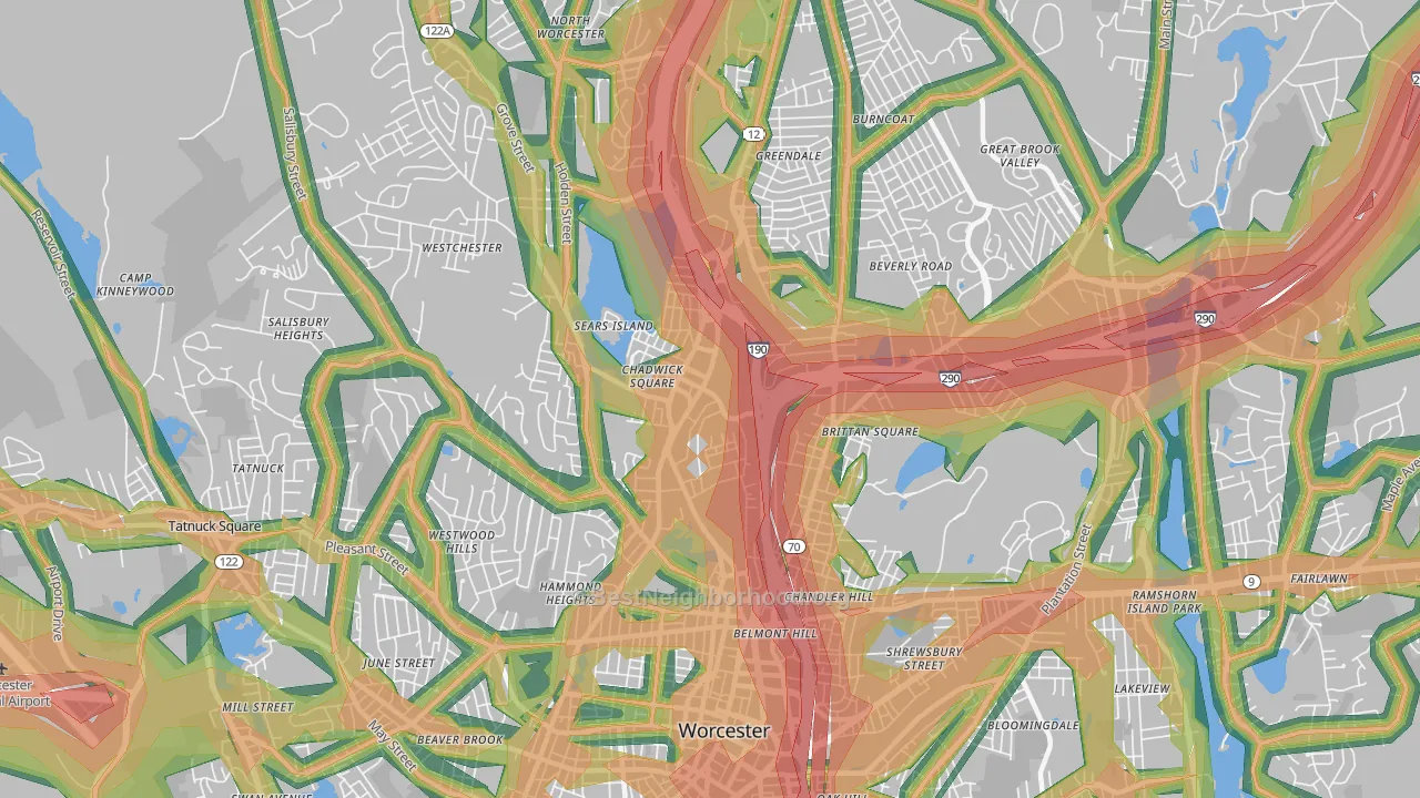 Indian Lake East, Worcester, MA Map of Noise Levels in Indian Lake East