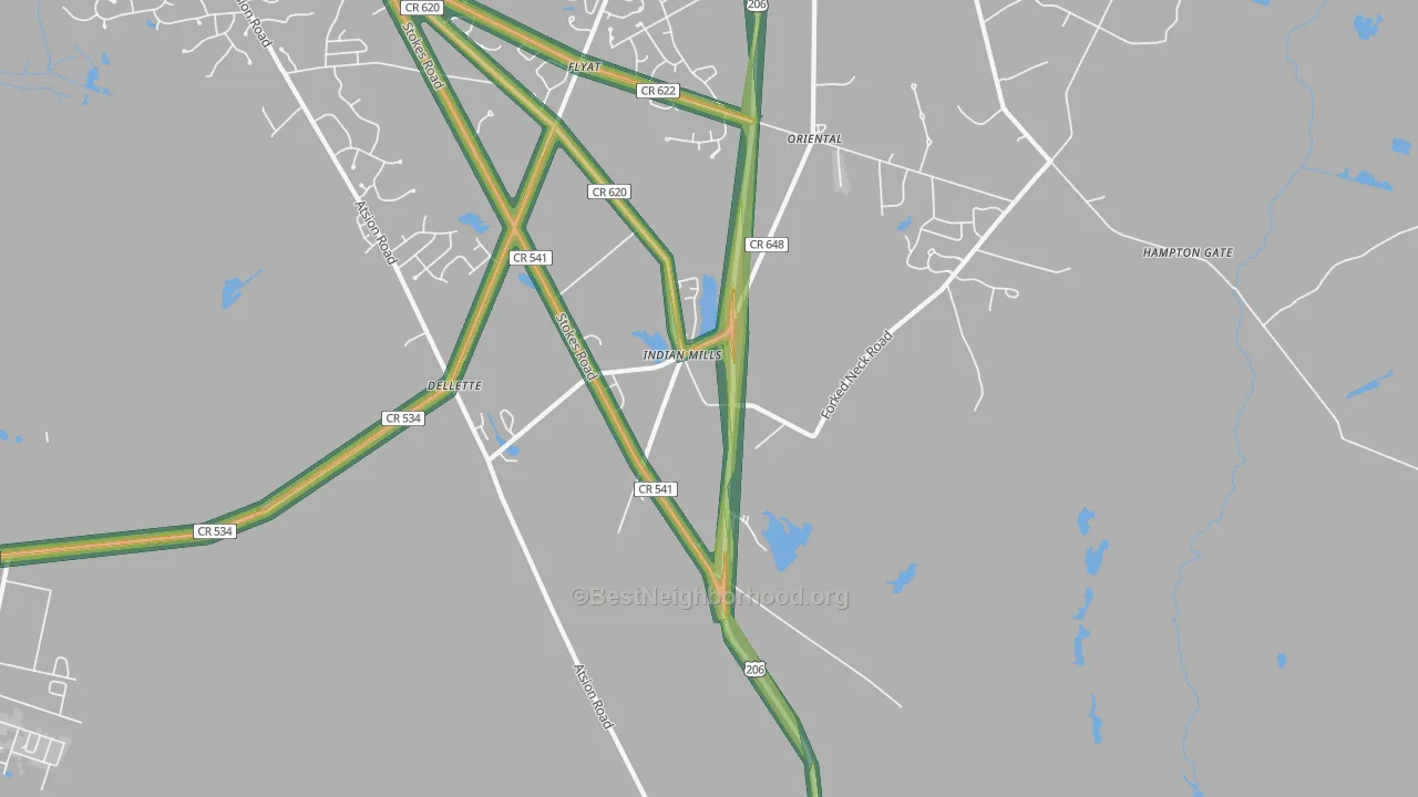 Indian Mills, NJ Map of Noise Levels in Indian Mills