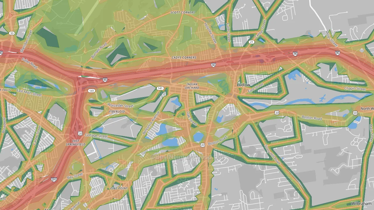 Indian Orchard, MA Map of Noise Levels in Indian Orchard