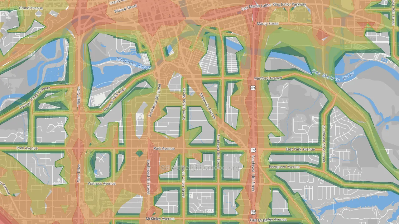 Indianola Hills, Des Moines, IA Map of Noise Levels in Indianola Hills