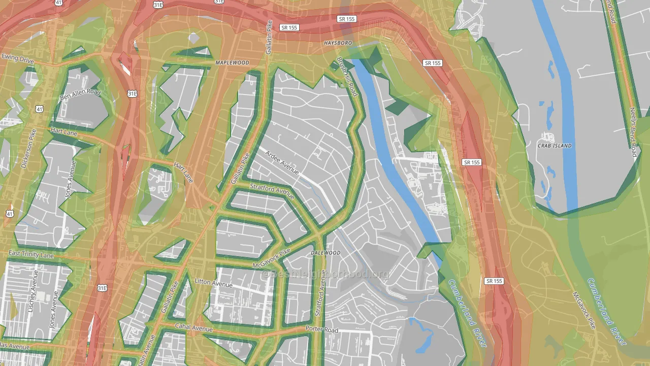 Inglewood-Riverwood, Nashville, TN Map of Noise Levels in Inglewood-Riverwood