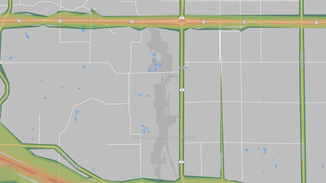 Irving, IA Map of Noise Levels in Irving