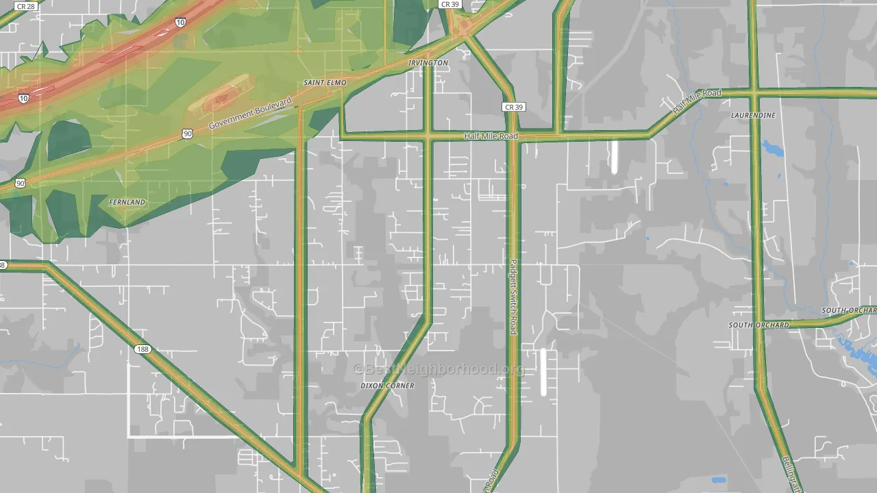 Irvington, AL Map of Noise Levels in Irvington