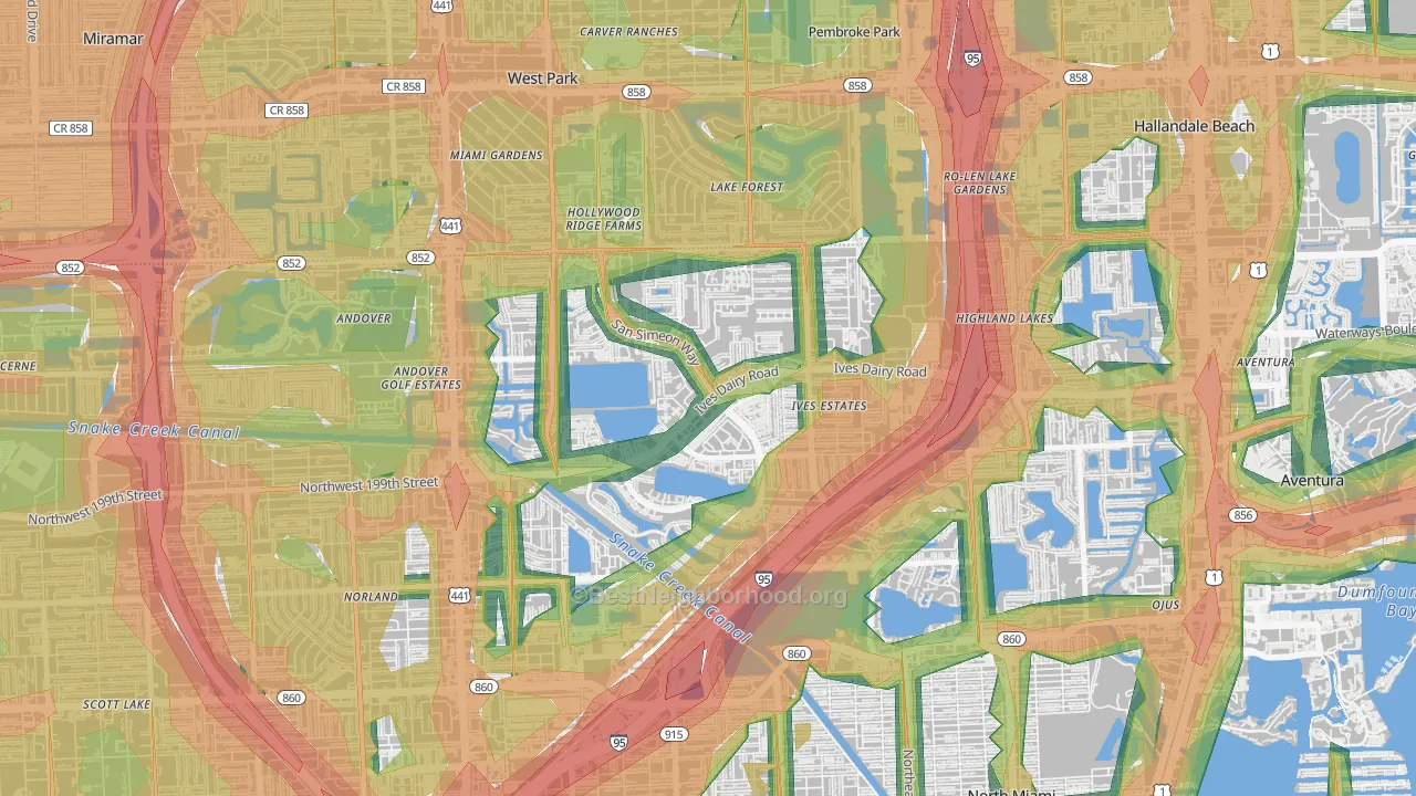 Ives Estates, FL Map of Noise Levels in Ives Estates