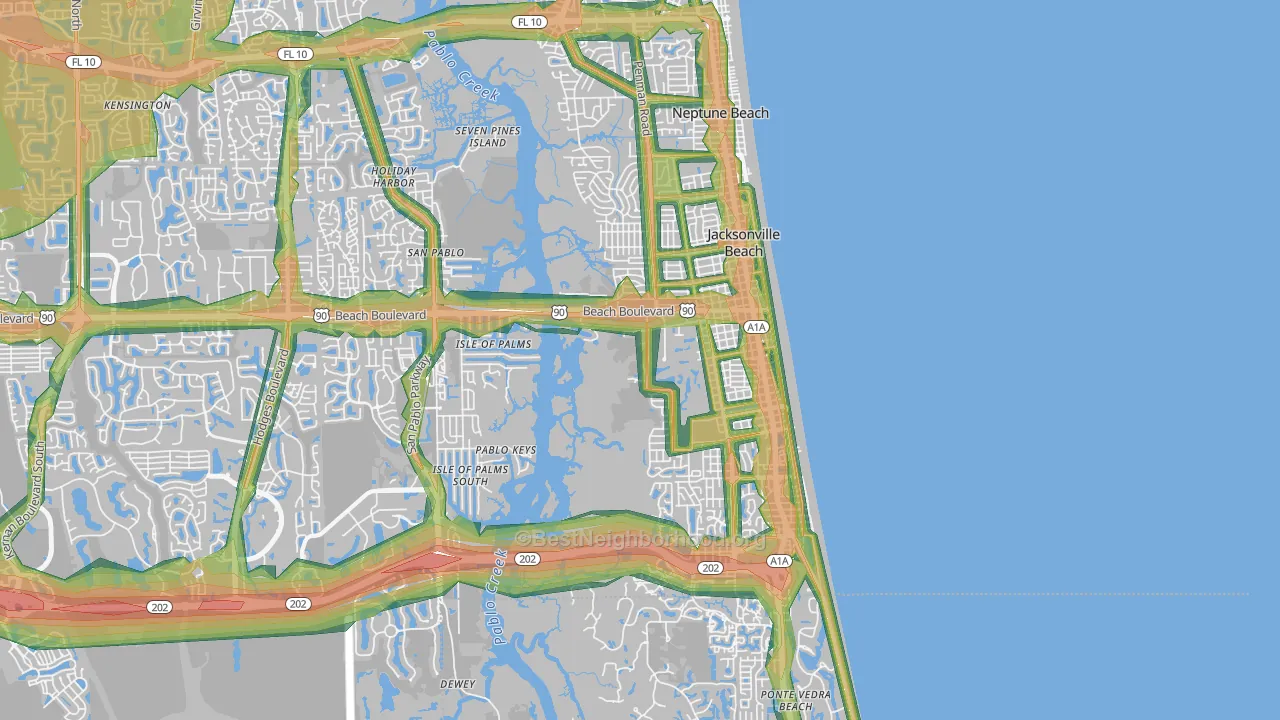 Jacksonville Beach, FL Map of Noise Levels in Jacksonville Beach