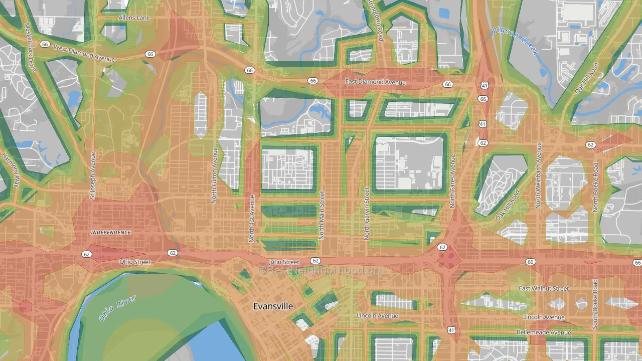 Jacobsville, Evansville, IN Map of Noise Levels in Jacobsville