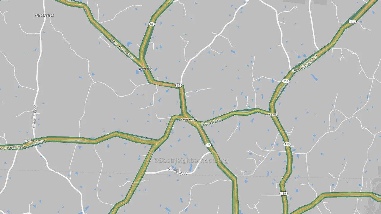 Jericho, NC Map of Noise Levels in Jericho