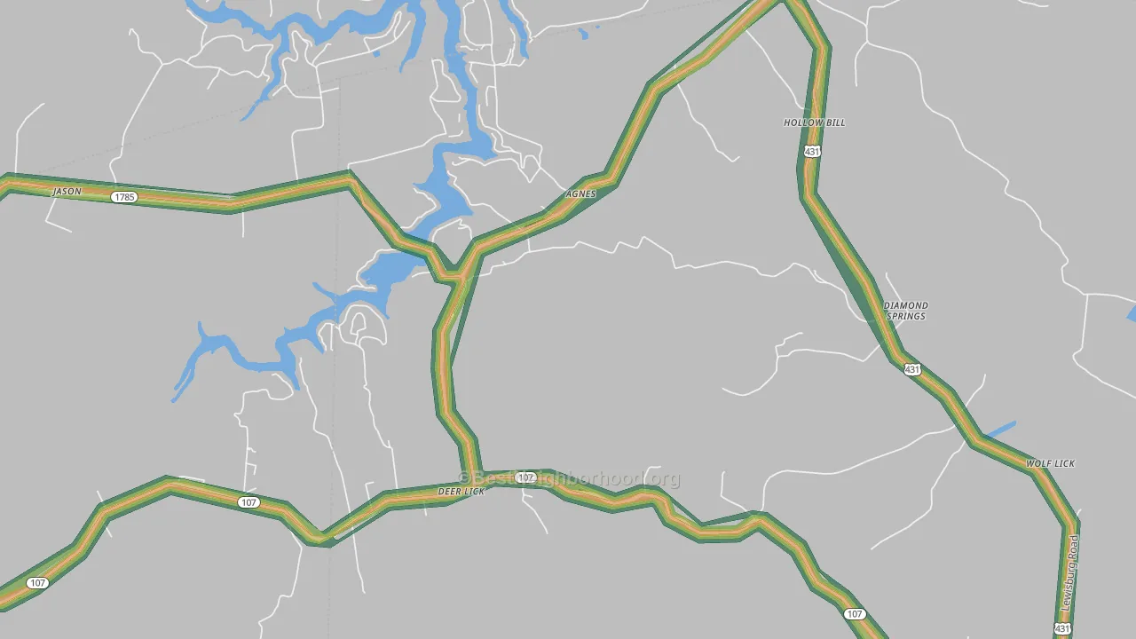 Jerico, KY Map of Noise Levels in Jerico
