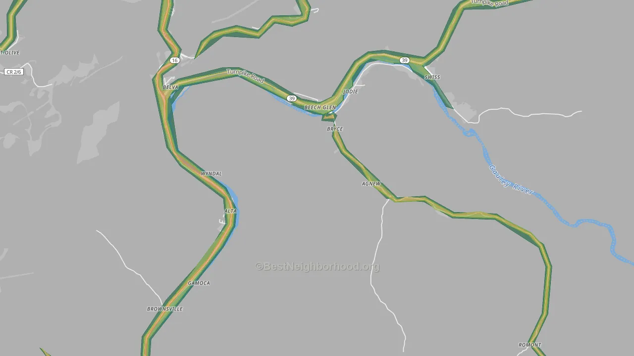 Jodie, WV Map of Noise Levels in Jodie