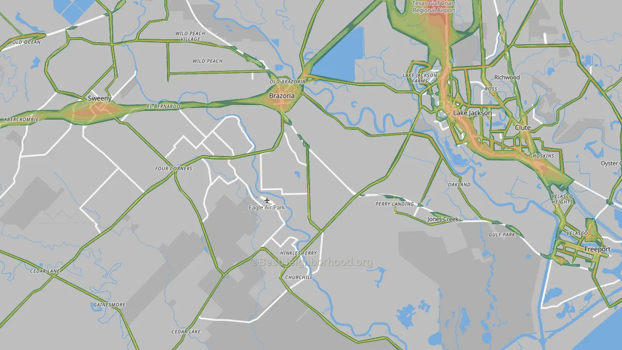 Jones Creek, TX Map of Noise Levels in Jones Creek