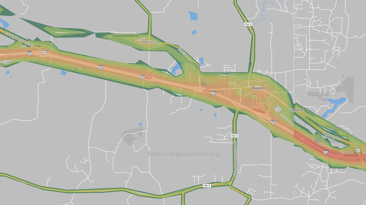 Jonesville, TX Map of Noise Levels in Jonesville