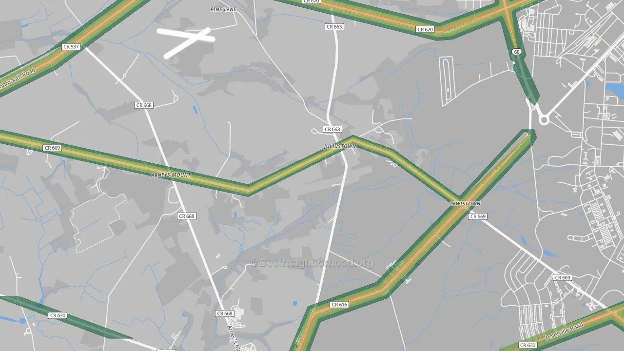 Juliustown, NJ Map of Noise Levels in Juliustown