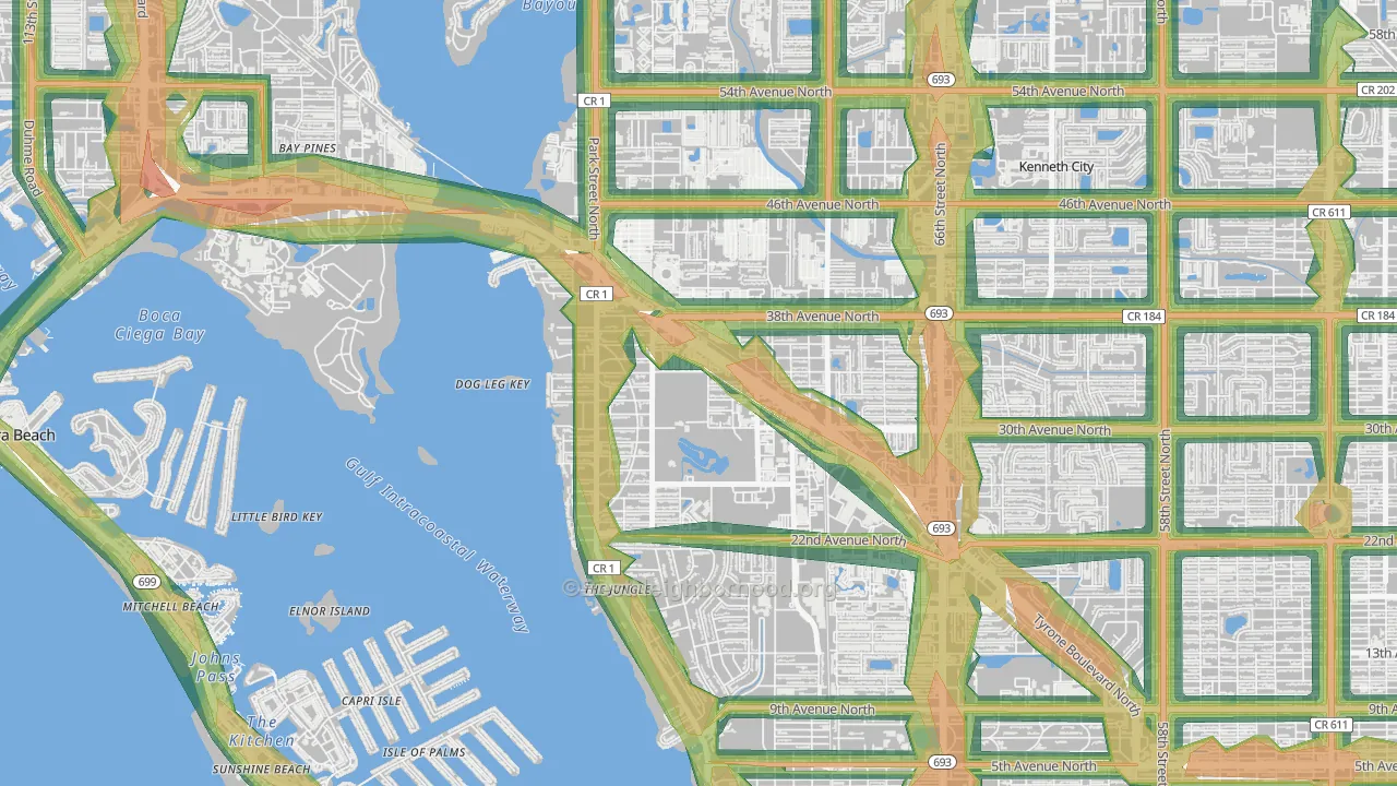 Jungle Terrace, St. Petersburg, FL Map of Noise Levels in Jungle Terrace