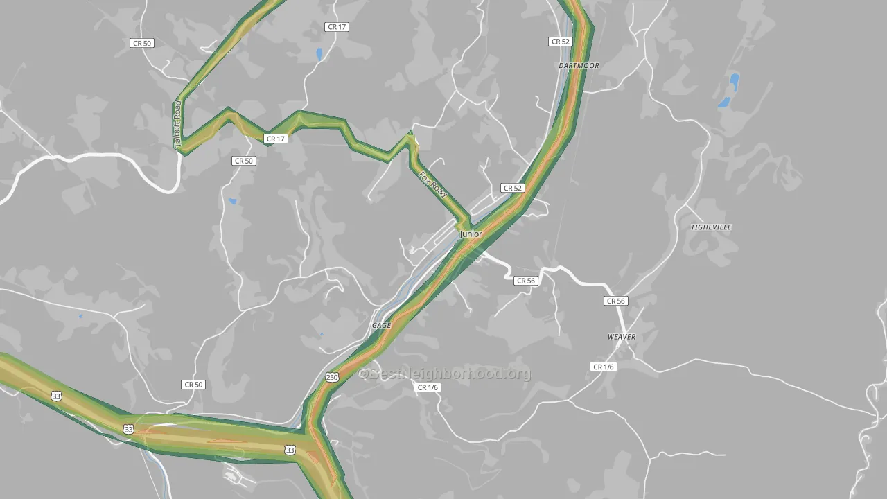 Junior, WV Map of Noise Levels in Junior