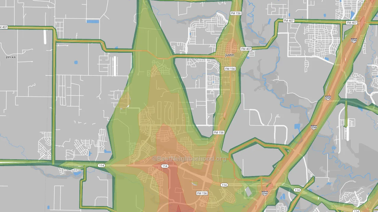 Justin, TX Map of Noise Levels in Justin