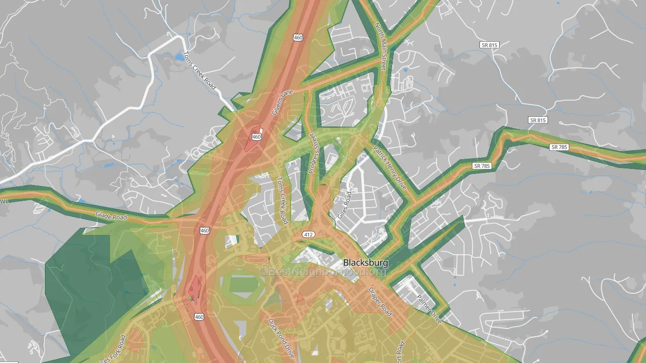 Kabrich Crescent, Blacksburg, VA Map of Noise Levels in Kabrich Crescent
