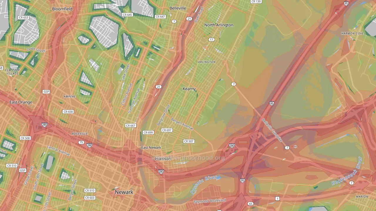 Kearny, NJ Map of Noise Levels in Kearny