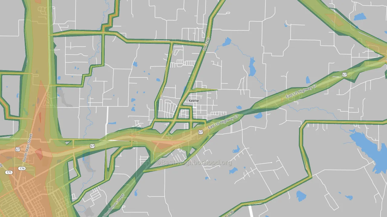 Keene, TX Map of Noise Levels in Keene