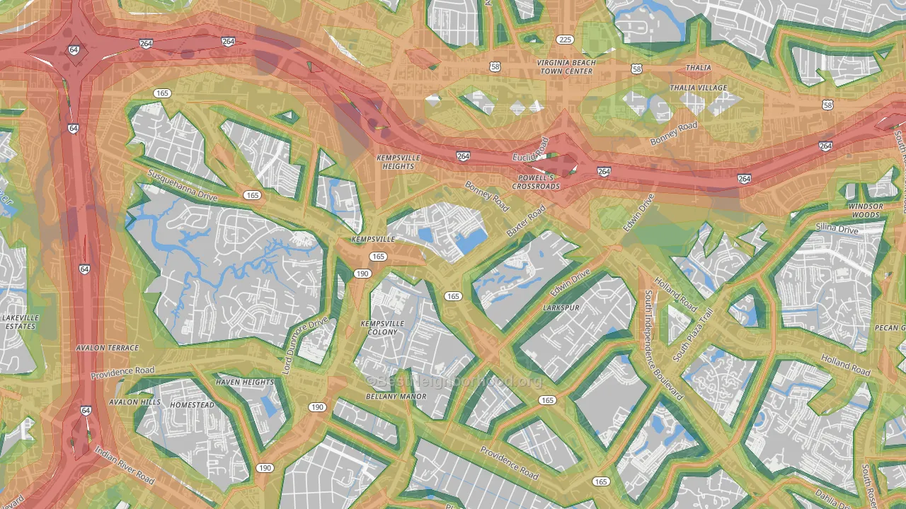 Kempsville Gardens, Virginia Beach, VA Map of Noise Levels in Kempsville Gardens