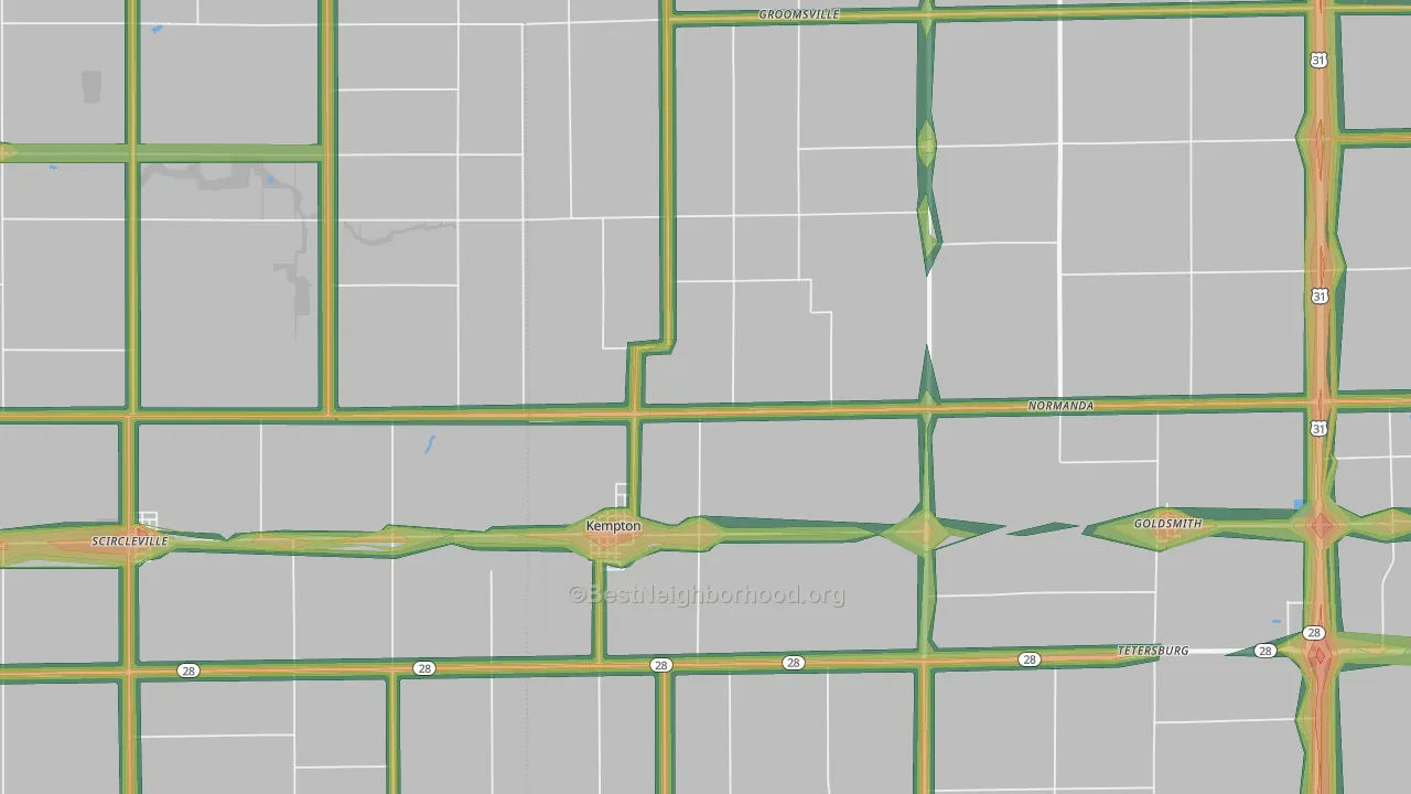 Kempton, IN Map of Noise Levels in Kempton