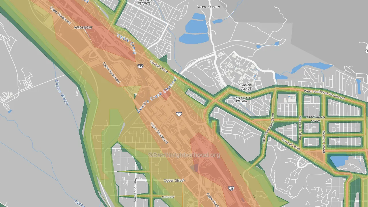 Kendall, San Bernardino, CA Map of Noise Levels in Kendall