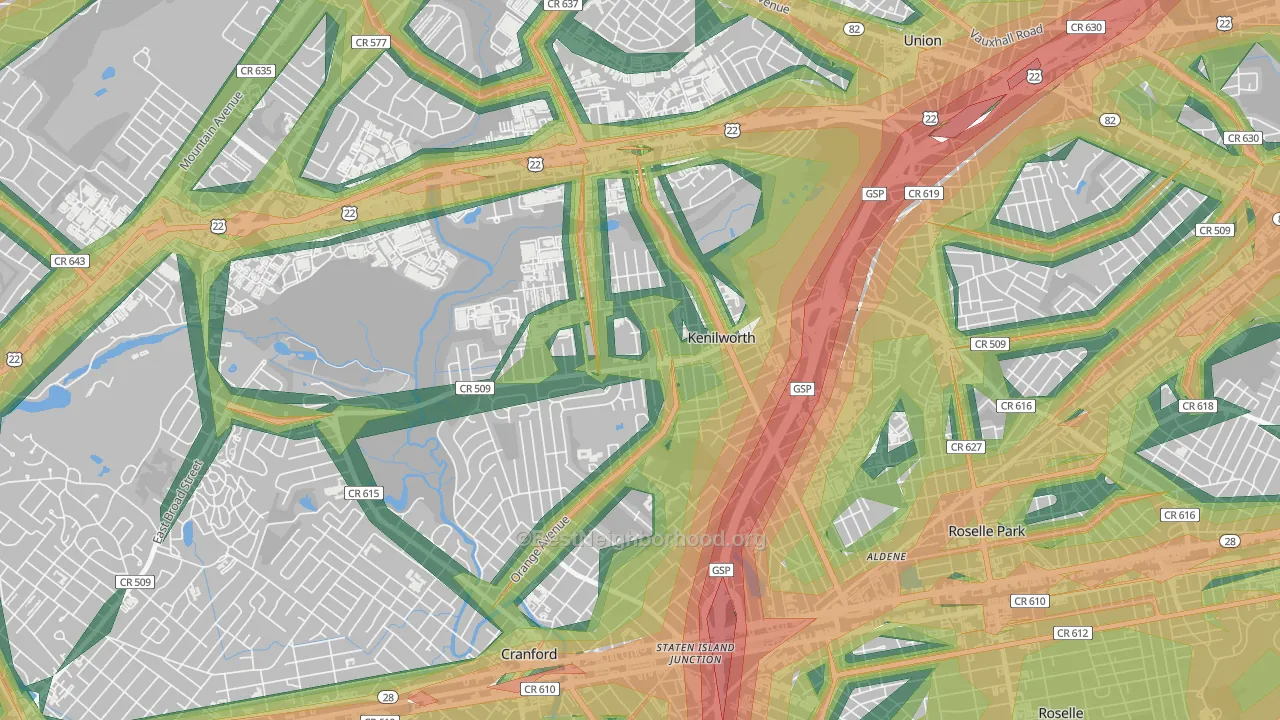 Kenilworth, NJ Map of Noise Levels in Kenilworth
