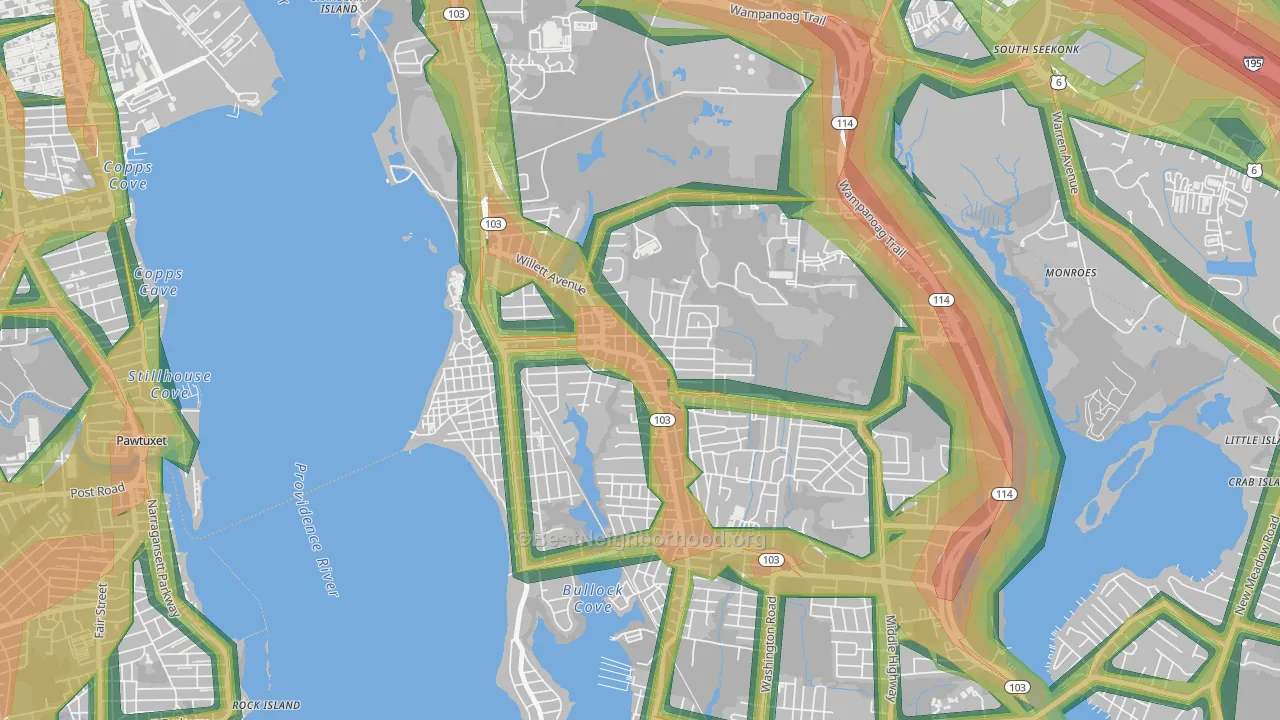 Kent Corner, Riverside, RI Map of Noise Levels in Kent Corner