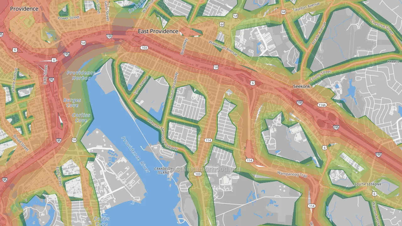 Kent Heights, East Providence, RI Map of Noise Levels in Kent Heights