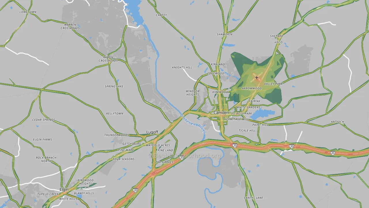 Kershaw County, SC Map of Noise Levels in Kershaw County