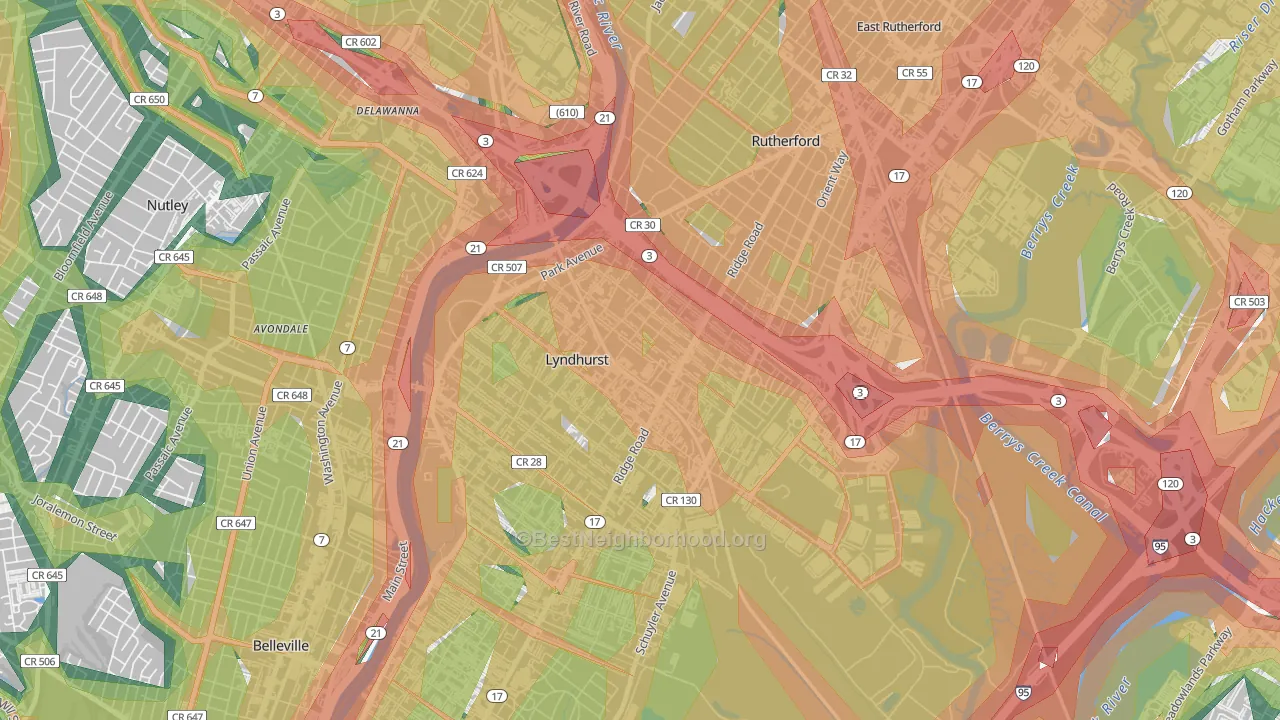 Kingsland, Lyndhurst, NJ Map of Noise Levels in Kingsland