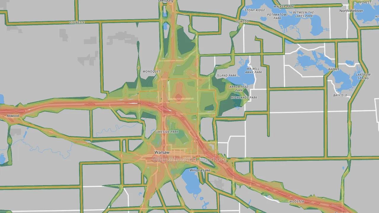 Kosciusko County, IN Map of Noise Levels in Kosciusko County