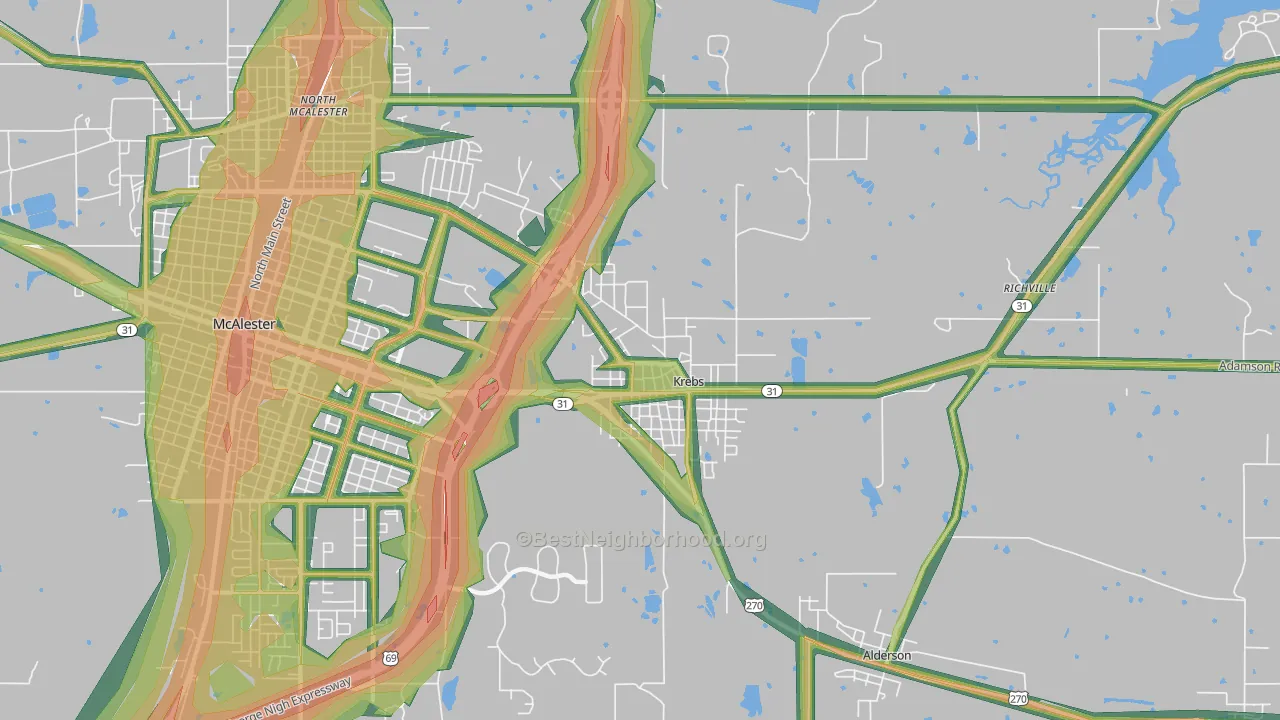 Krebs, OK Map of Noise Levels in Krebs
