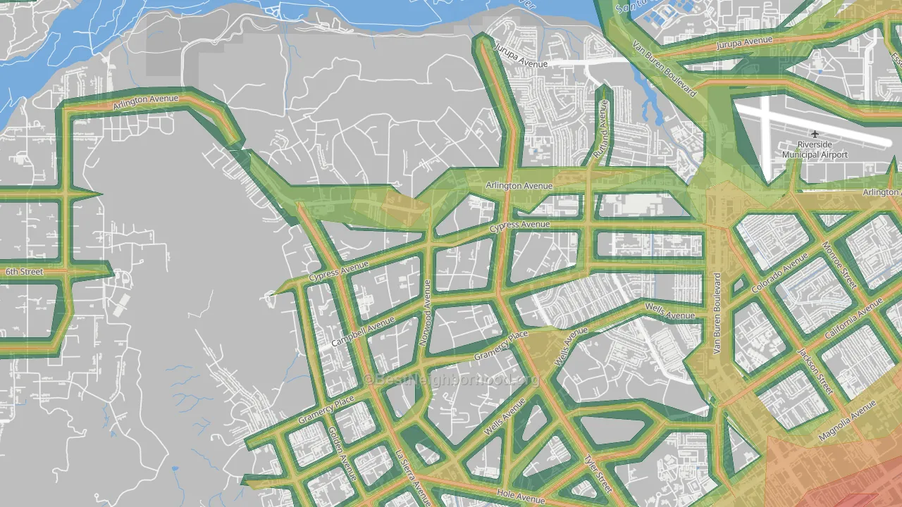 La Sierra Acres, Riverside, CA Map of Noise Levels in La Sierra Acres