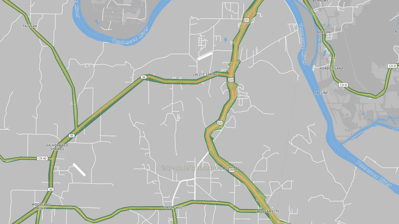 Laceys Spring, AL Map of Noise Levels in Laceys Spring