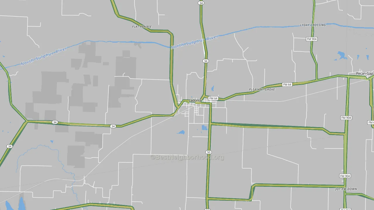 Ladonia, TX Map of Noise Levels in Ladonia