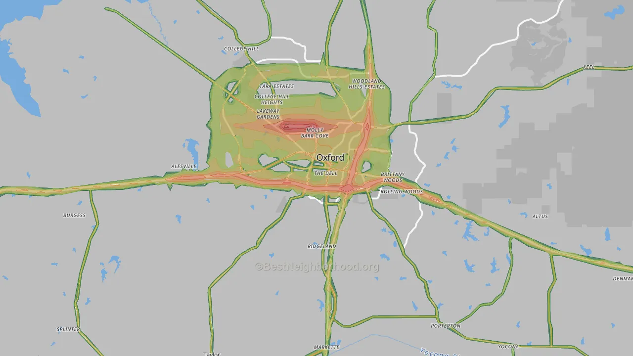 Lafayette County, MS Map of Noise Levels in Lafayette County