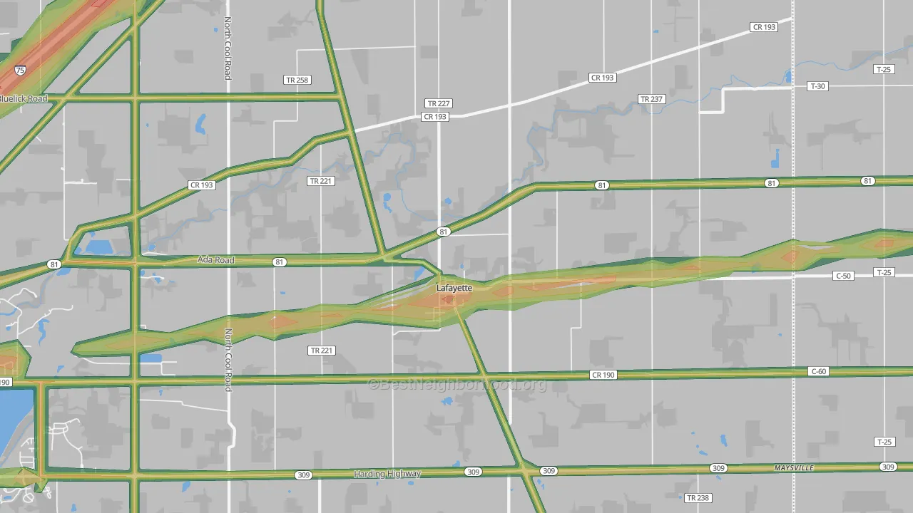 Lafayette, OH Map of Noise Levels in Lafayette