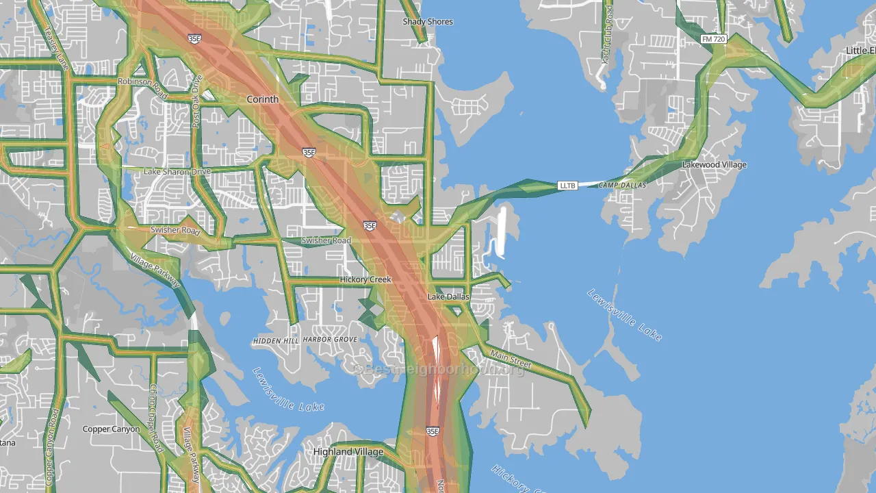 Lake Dallas, TX Map of Noise Levels in Lake Dallas