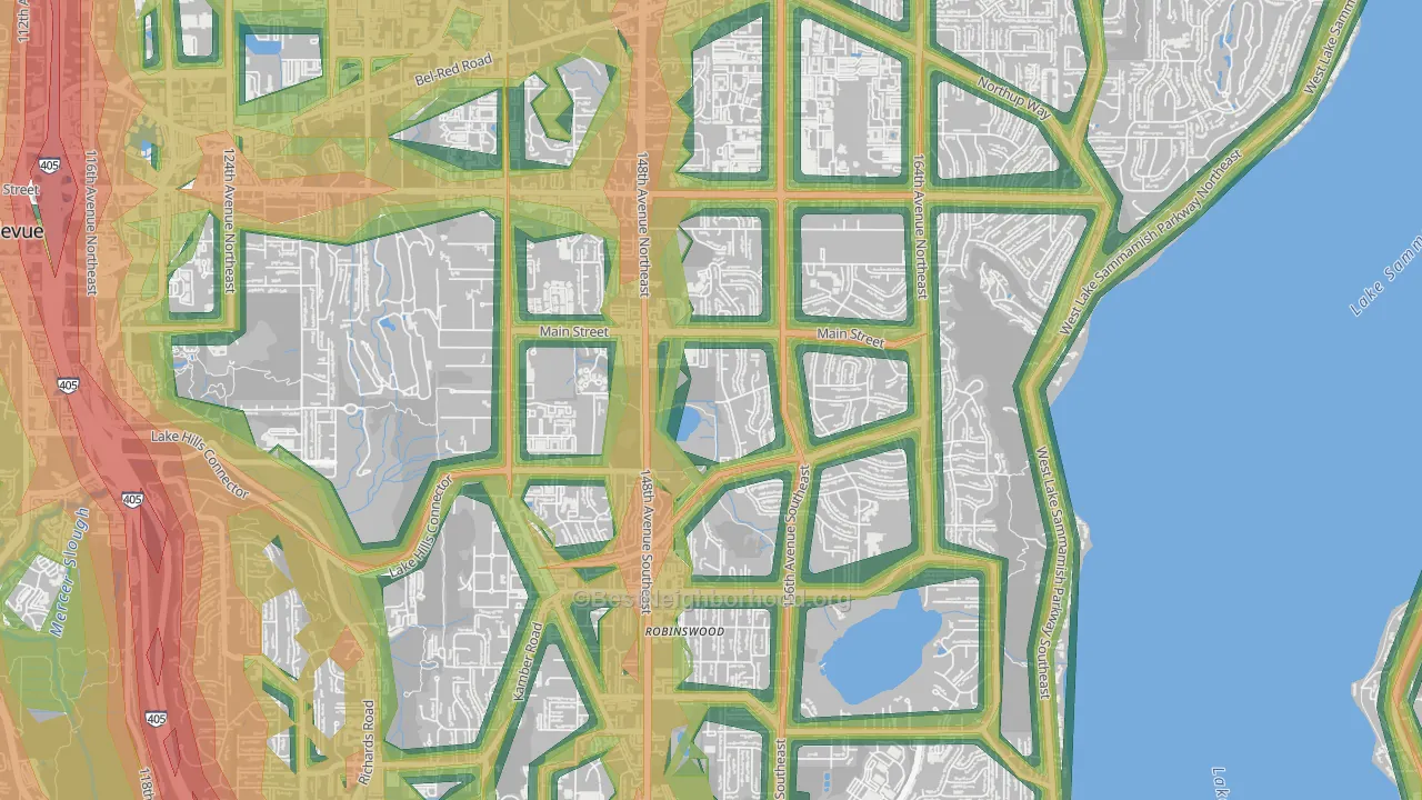 Lake Hills, Bellevue, WA Map of Noise Levels in Lake Hills