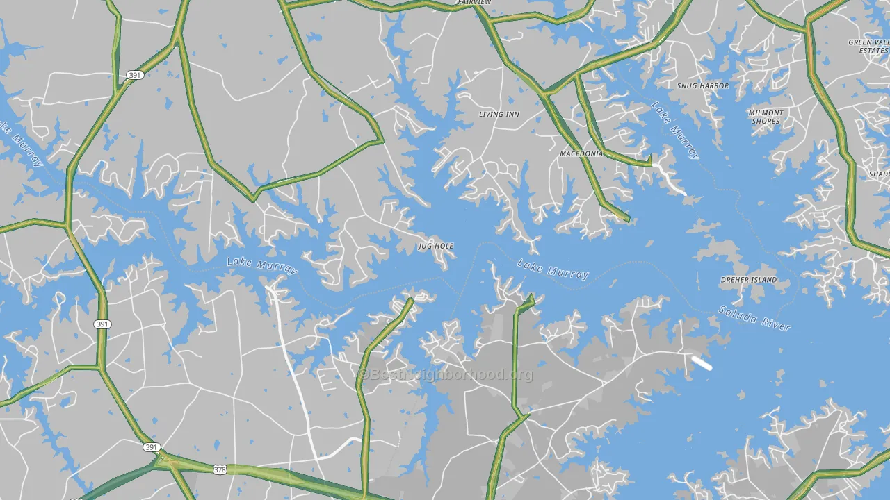 Lake Murray Shores, SC Map of Noise Levels in Lake Murray Shores