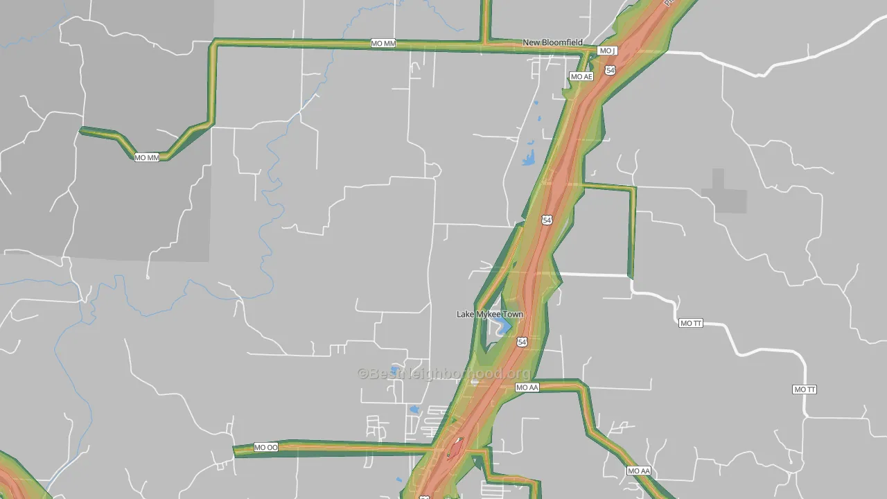 Lake Mykee Town, MO Map of Noise Levels in Lake Mykee Town