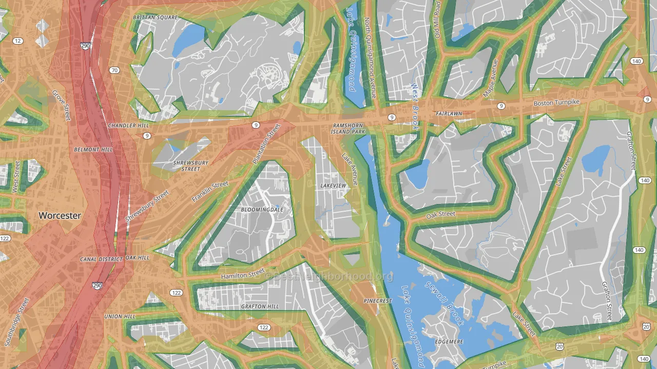 Lake Park, Worcester, MA Map of Noise Levels in Lake Park